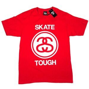 New Stussy Skate Tough SS Logo Red White Tee T Shirt Size Small S Streetwear B14